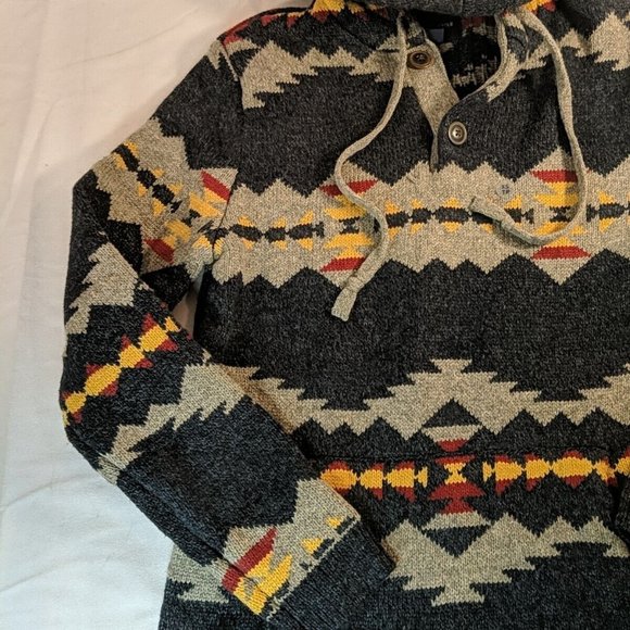 American Eagle Heavy knit Hooded Sweater Hoodie XS Men's Women's Grey Aztec - Picture 3 of 14